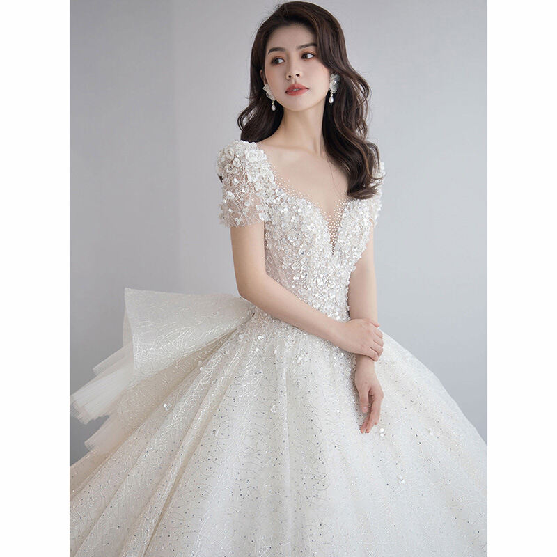 Glary Star One-shoulder Wedding Dress Bride's Main Yarn Trailing Texture French Light Wedding Dress Small Simple Main Wedding Dress