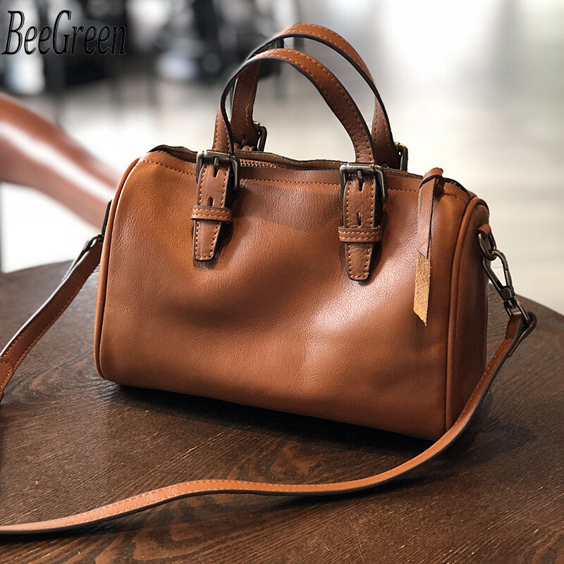 BeeGreen Real Leather Small Handbag Retro Design Boston Bag Soft Genuine Leather Shoulder Bag for Women
